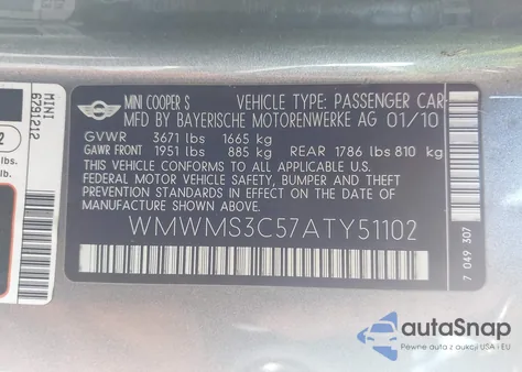 2010 Mini Cooper S from USA, damaged, VIN WMWMS3C57ATY51102